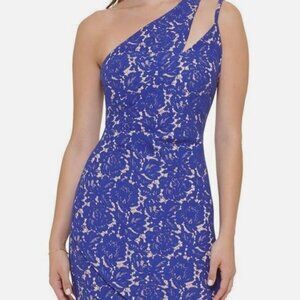 Guess Lace Overlay One Shoulder Party Bodycon Dress Cobalt Nude Padded Bra, 14